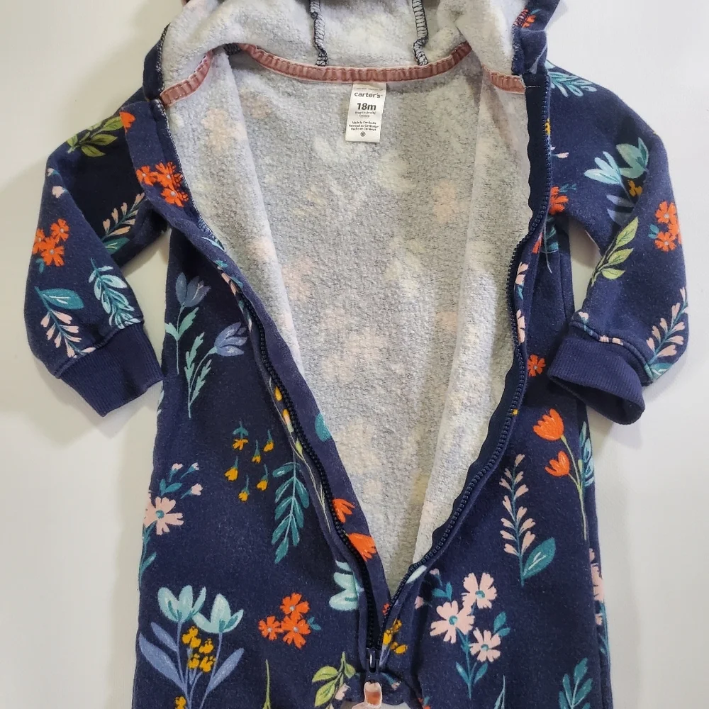 K1353 * Carter's Floral Fleece Onepiece Jumpsuit Navy Blue Size 18M